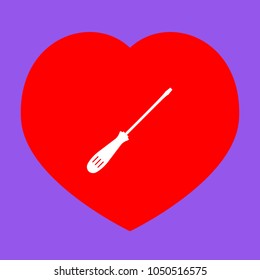 Screwdriver sign illustration. Vector. White icon in red heart at lavender background.