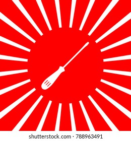 Screwdriver sign illustration. Vector. White icon on red sun with rays as background. Isolated.