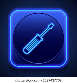 Destornillador simple icono de Vector. Diseño plano. Estilo de neón azul en el Botón. Con shadow.ai
