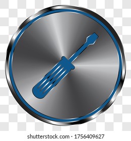 Screwdriver simple icon vector on metal round button. Transparent grid