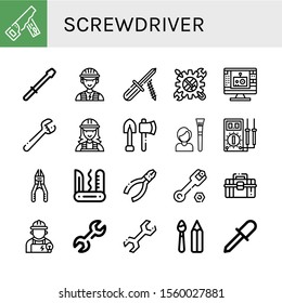 screwdriver simple icons set. Contains such icons as Hand saw, Screwdriver, Electrician, Tool, Edit tool, Wrench, Tools, Multimeter, Plier, can be used for web, mobile and logo