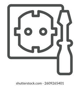 Screwdriver with socket line icon, electrician service concept. Vector graphics. Socket for electrical plug, repair sign on white background, outline style icon for mobile or web design