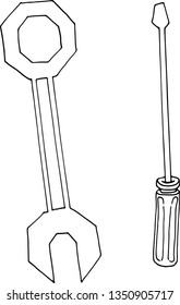 Screwdriver and spanner icon vector. Doodle maintenance tools sketch design. Black and white color.