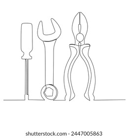 Screwdriver spanner and pliers illustration. Small carpentry work in the workshop and Home renovation concept design element. Continuous line drawing vector.