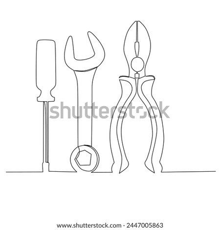 Screwdriver spanner and pliers illustration. Small carpentry work in the workshop and Home renovation concept design element. Continuous line drawing vector.