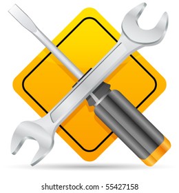 Screwdriver, spanner and sign - vector illustration