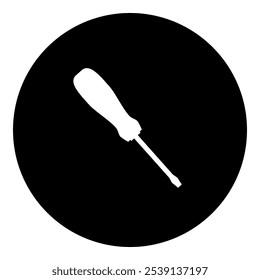 A screwdriver symbol in the center. Isolated white symbol in black circle. Vector illustration on white background