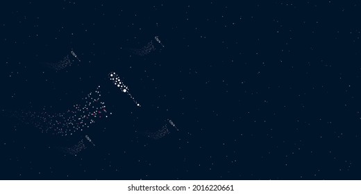 A screwdriver symbol filled with dots flies through the stars leaving a trail behind. There are four small symbols around. Vector illustration on dark blue background with stars
