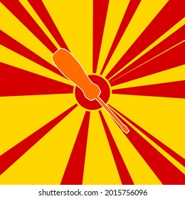 Screwdriver symbol on a background of red flash explosion radial lines. The large orange symbol is located in the center of the sun, symbolizing the sunrise. Vector illustration on yellow background