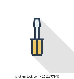 screwdriver thin line flat color icon. Linear vector illustration. Pictogram isolated on white background. Colorful long shadow design.