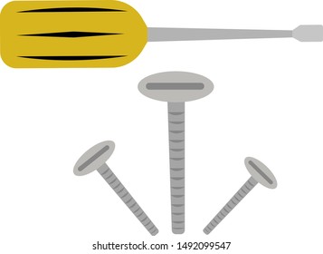 screwdriver and threaded screws tools concept on white background flat tip