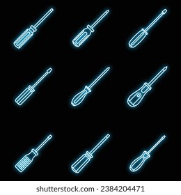 Screwdriver tool icons set. Outline set of screwdriver tool vector icons neon color on black