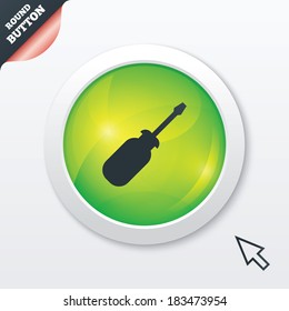 Screwdriver tool sign icon. Fix it symbol. Repair sign. Green shiny button. Modern UI website button with mouse cursor pointer. Vector