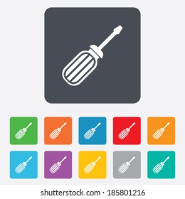 Screwdriver tool sign icon. Fix it symbol. Repair sign. Rounded squares 11 buttons. Vector