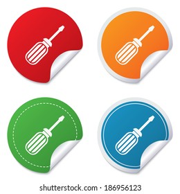 Screwdriver tool sign icon. Fix it symbol. Repair sign. Round stickers. Circle labels with shadows. Curved corner. Vector