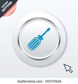Screwdriver tool sign icon. Fix it symbol. Repair sign. White button with metallic line. Modern UI website button with mouse cursor pointer. Vector