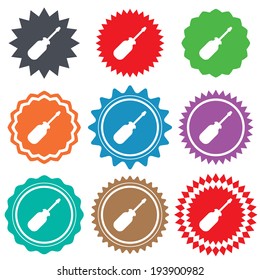 Screwdriver tool sign icon. Fix it symbol. Repair sign. Stars stickers. Certificate emblem labels. Vector