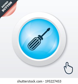 Screwdriver tool sign icon. Fix it symbol. Repair sign. Blue shiny button. Modern UI website button with hand cursor pointer. Vector
