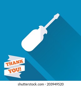 Screwdriver tool sign icon. Fix it symbol. Repair sign. White flat icon with long shadow. Paper ribbon label with Thank you text. Vector