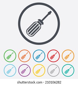 Screwdriver tool sign icon. Fix it symbol. Repair sign. Round circle buttons with frame. Vector