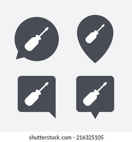 Screwdriver tool sign icon. Fix it symbol. Repair sign. Map pointers information buttons. Speech bubbles with icons. Vector