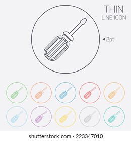 Screwdriver tool sign icon. Fix it symbol. Repair sign. Thin line circle web icons with outline. Vector