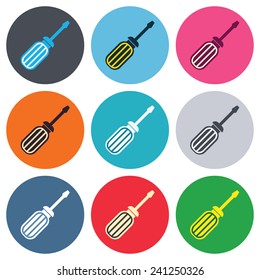 Screwdriver tool sign icon. Fix it symbol. Repair sign. Colored round buttons. Flat design circle icons set. Vector