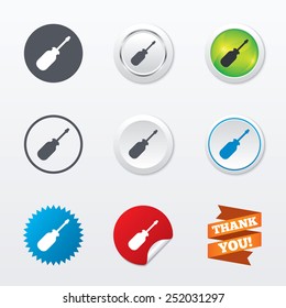 Screwdriver tool sign icon. Fix it symbol. Repair sign. Circle concept buttons. Metal edging. Star and label sticker. Vector