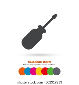 Screwdriver tool sign icon. Fix it symbol. Repair sign. Classic flat icon. Colored circles. Vector