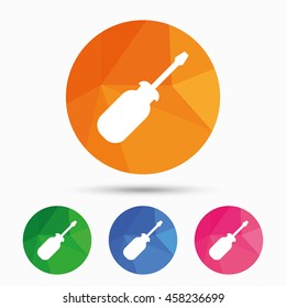 Screwdriver tool sign icon. Fix it symbol. Repair sign. Triangular low poly button with flat icon. Vector