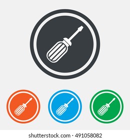 Screwdriver tool sign icon. Fix it symbol. Repair sign. Graphic design web element. Flat screwdriver symbol on the round button. Vector