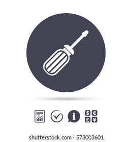 Screwdriver tool sign icon. Fix it symbol. Repair sign. Report document, information and check tick icons. Currency exchange. Vector