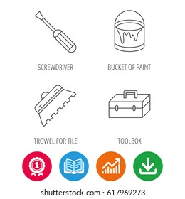 Screwdriver, trowel of tile and repair toolbox icons. Bucket of paint linear sign. Award medal, growth chart and opened book web icons. Download arrow. Vector