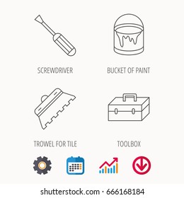 Screwdriver, trowel of tile and repair toolbox icons. Bucket of paint linear sign. Calendar, Graph chart and Cogwheel signs. Download colored web icon. Vector