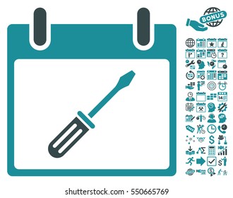 Screwdriver Tuning Calendar Day icon with bonus calendar and time management pictures. Vector illustration style is flat iconic symbols, soft blue, white background.