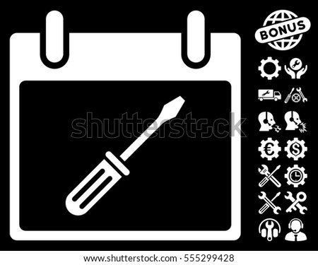 Screwdriver Tuning Calendar Day icon with bonus configuration icon set. Vector illustration style is flat iconic symbols, white, black background.