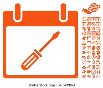 Screwdriver Tuning Calendar Day pictograph with bonus calendar and time management design elements. Vector illustration style is flat iconic symbols, orange, white background.