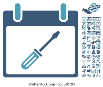 Screwdriver Tuning Calendar Day pictograph with bonus calendar and time management pictograms. Vector illustration style is flat iconic symbols, cyan and blue, white background.