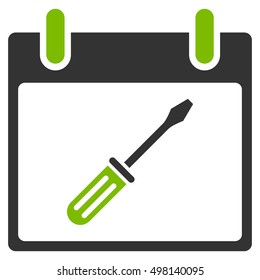 Screwdriver Tuning Calendar Day vector pictogram. Style is flat graphic bicolor symbol, eco green and gray colors, white background.