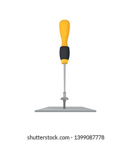 Screwdriver with twists bolt into a metal plate. Vector illustration on white background.
