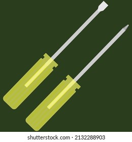 A screwdriver with two shapes and yellow transparent handle, equipment and tool illustration, suitable for signs and tags and banners for workers, good for educational content and social media ads