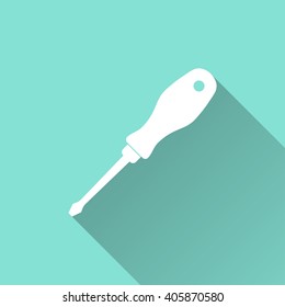 Screwdriver    vector icon with long shadow. White illustration isolated on green background for graphic and web design.  