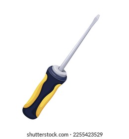 Screwdriver vector illustration. Cartoon isolated tool of construction worker to screw in bolts, equipment with metal stud, yellow and black plastic handle, screwdriver instrument from toolkit