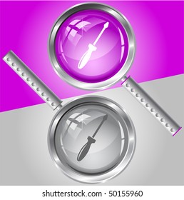 Screwdriver. Vector magnifying glass.