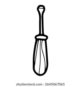 Screwdriver with wooden handle. Hand drawn doodle vector. Handyman tool. Equipment for unscrewing screws. Work in workshop. Illustration line art element.