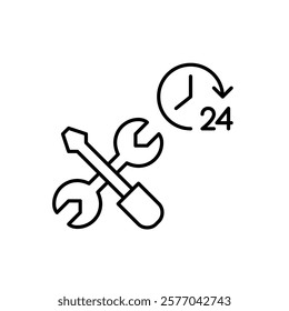 Screwdriver and wrench and 24 hours symbol. Round the clock system maintenance and repair service. Pixel perfect vector icon