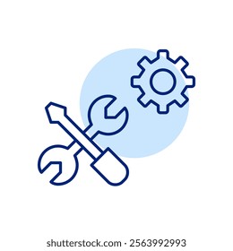 Screwdriver, wrench and cogwheel. Repair technical tools. Maintenance mode, system optimization and management. Pixel perfect, editable stroke icon