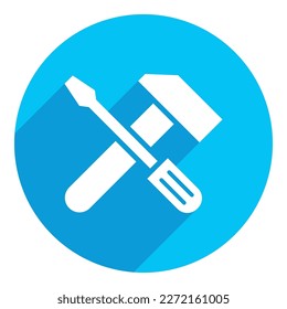 Screwdriver and wrench. flat icon. long shadow design. blue background.