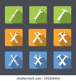 Screwdriver, wrench and hammer, flat design, tools icons set, vector eps10 illustration