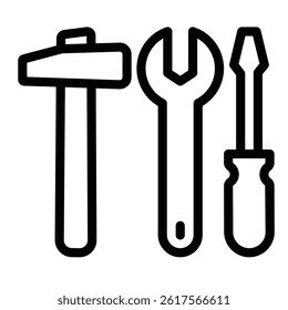 Screwdriver with wrench and hammer line icon, repair service concept. Vector graphics. Repair tools sign on white background, style mobile or design